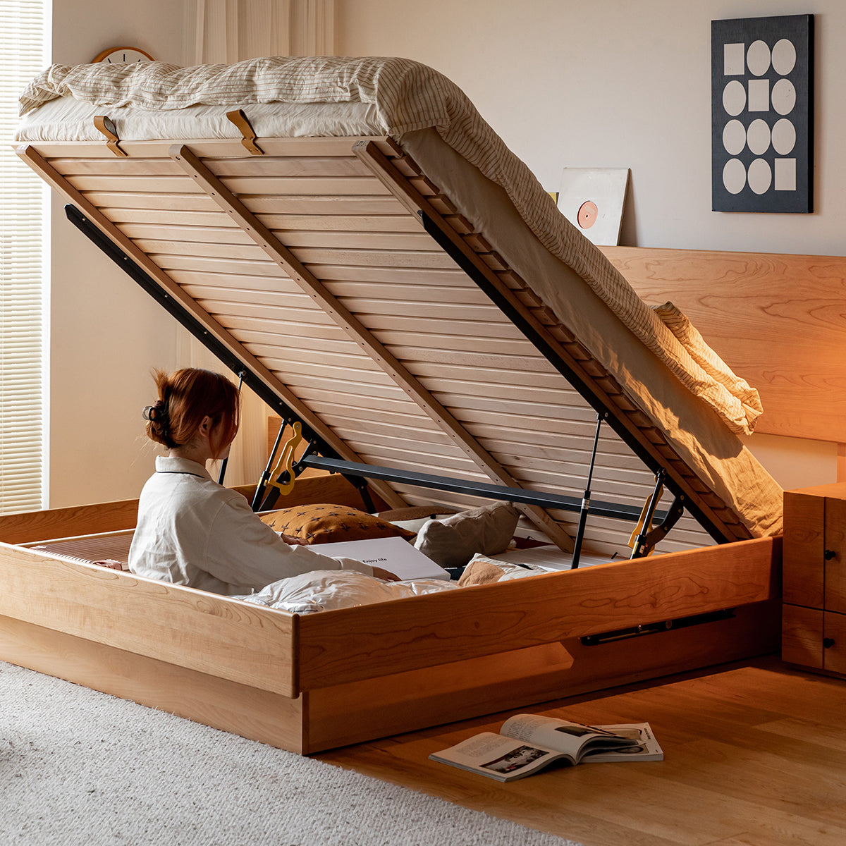 Cherry Wood Storage Bed Frame